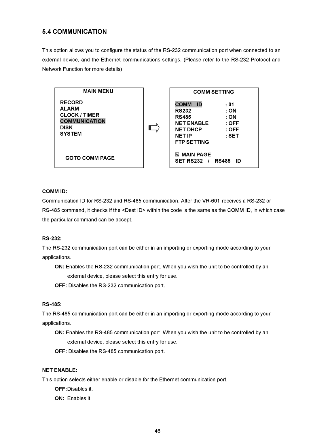 JVC VR 601 instruction manual Communication, NET Enable OFF NET Dhcp NET IP SET FTP Setting Main 