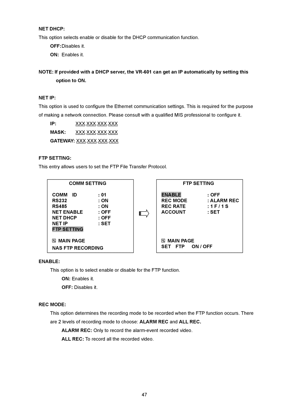 JVC VR 601 instruction manual Comm Setting FTP Setting Comm ID, Enable, REC Mode Alarm REC 