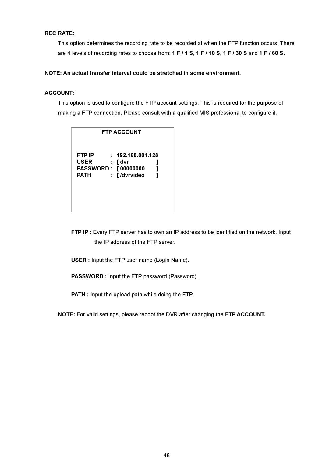 JVC VR 601 instruction manual FTP Account FTP IP, User, Password, Path 