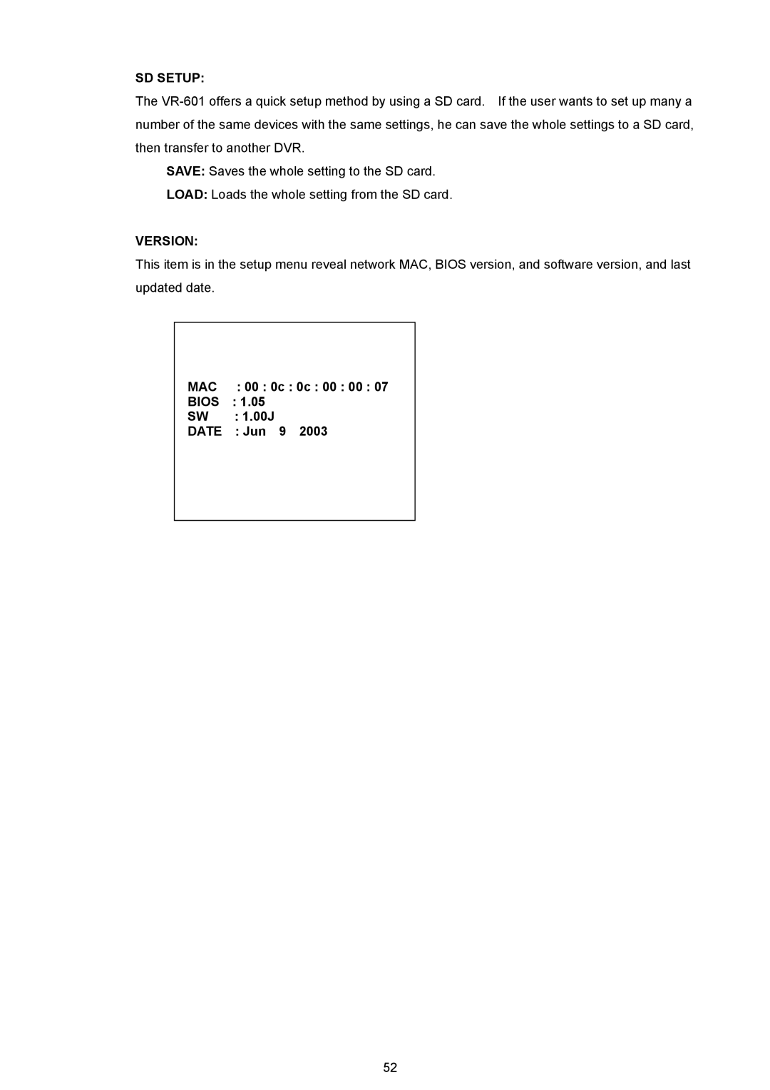 JVC VR 601 instruction manual MAC 00 0c 0c 00 00 Bios SW 1.00J Date Jun 9 