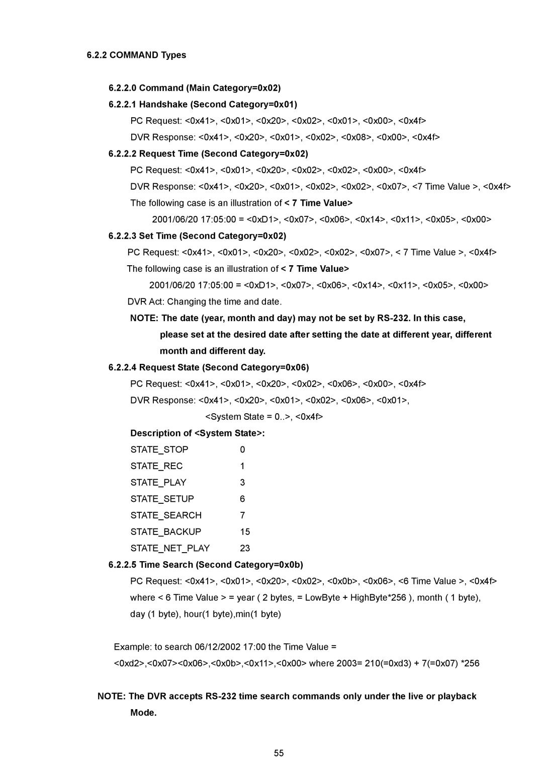 JVC VR 601 Request Time Second Category=0x02, Set Time Second Category=0x02, Request State Second Category=0x06 