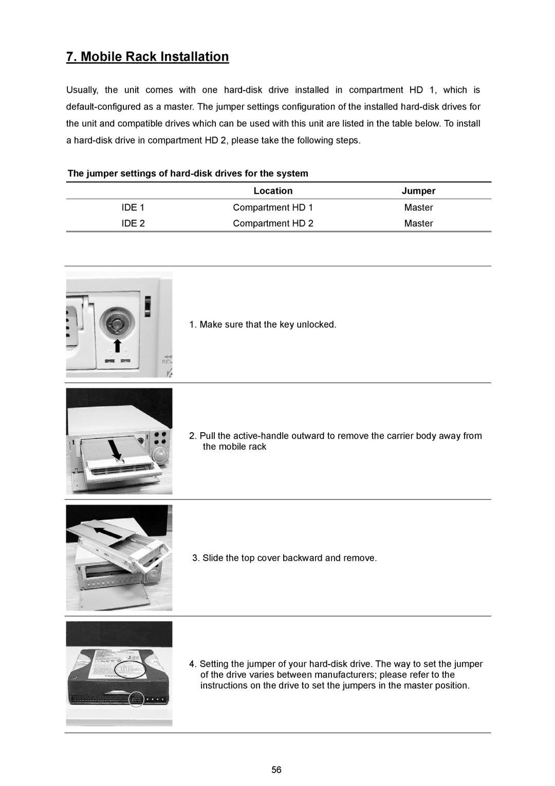 JVC VR 601 instruction manual Mobile Rack Installation, Jumper settings of hard-disk drives for the system Location 