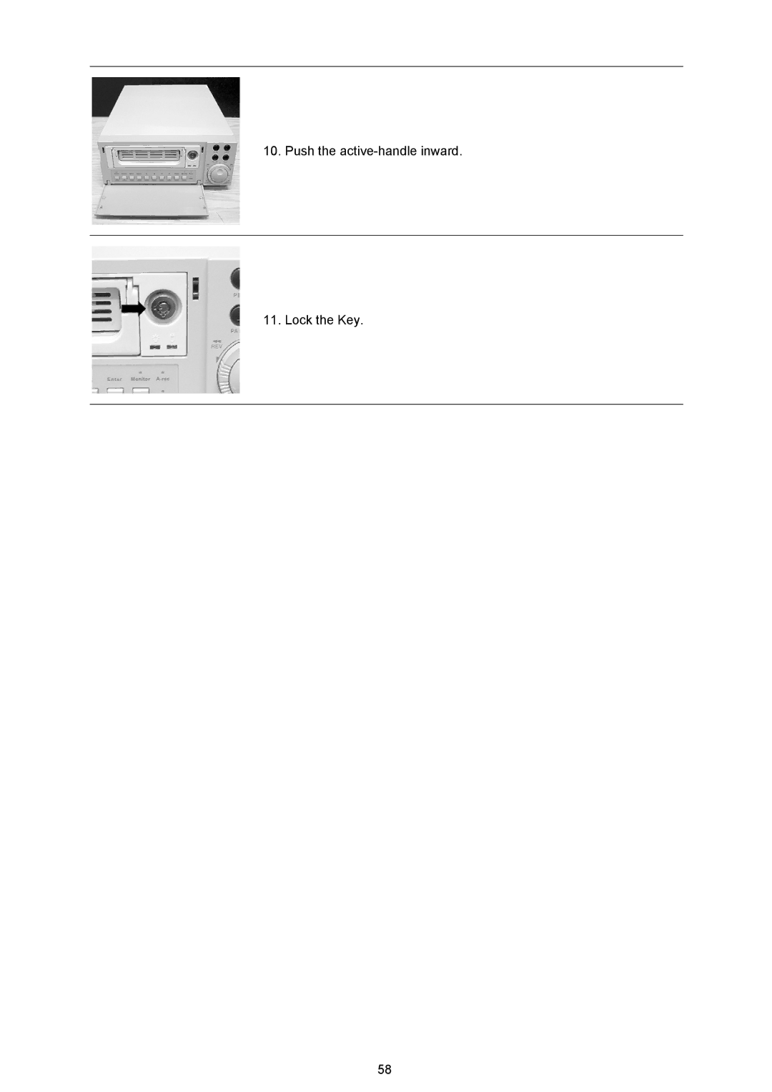 JVC VR 601 instruction manual Push the active-handle inward Lock the Key 