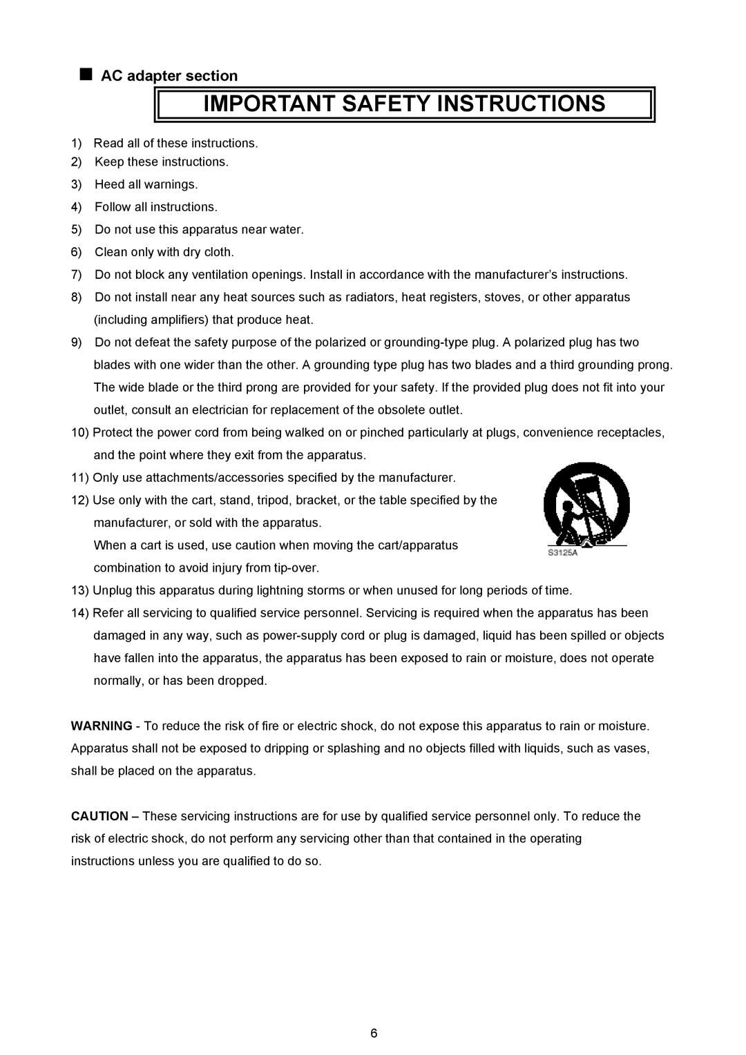 JVC VR 601 instruction manual Important Safety Instructions, AC adapter section 