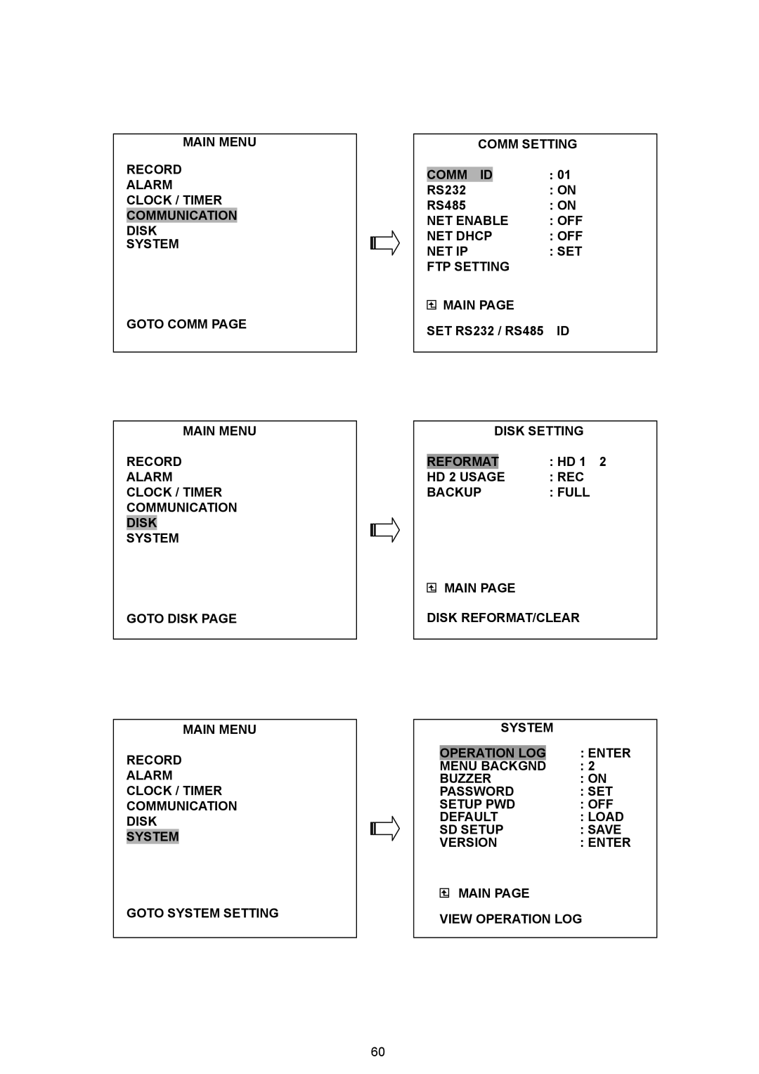 JVC VR 601 instruction manual SET RS232 / RS485, Disk Setting Reformat 