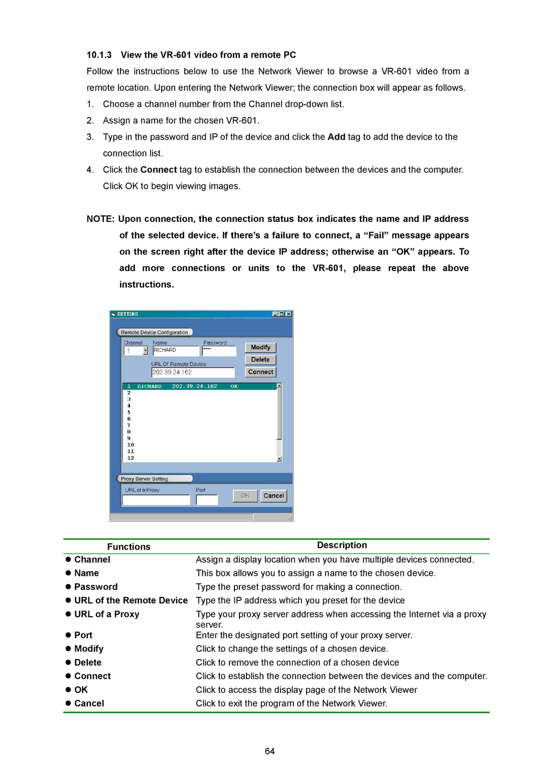 JVC VR 601 instruction manual View the VR-601 video from a remote PC 