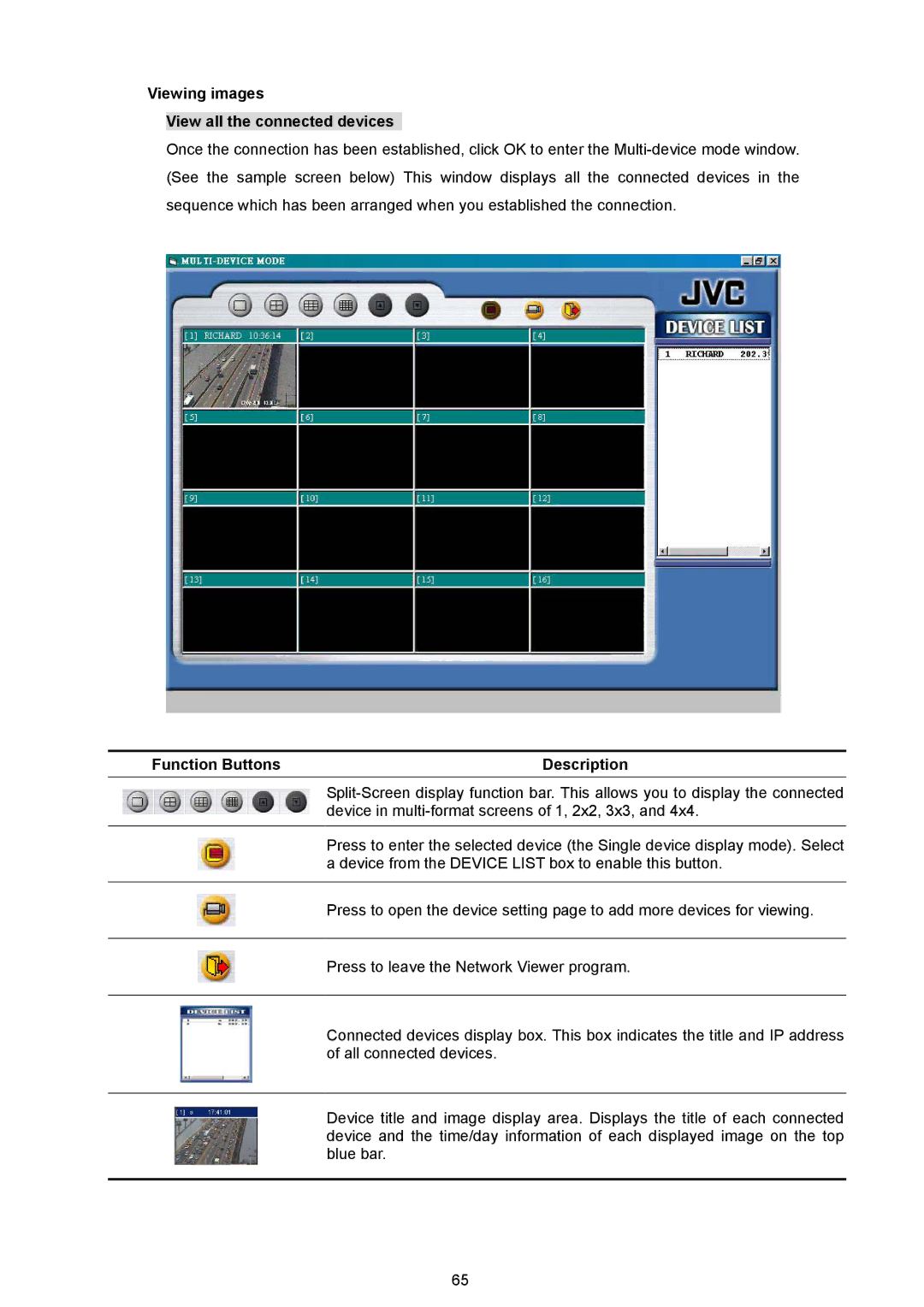 JVC VR 601 instruction manual Viewing images View all the connected devices, Function Buttons Description 