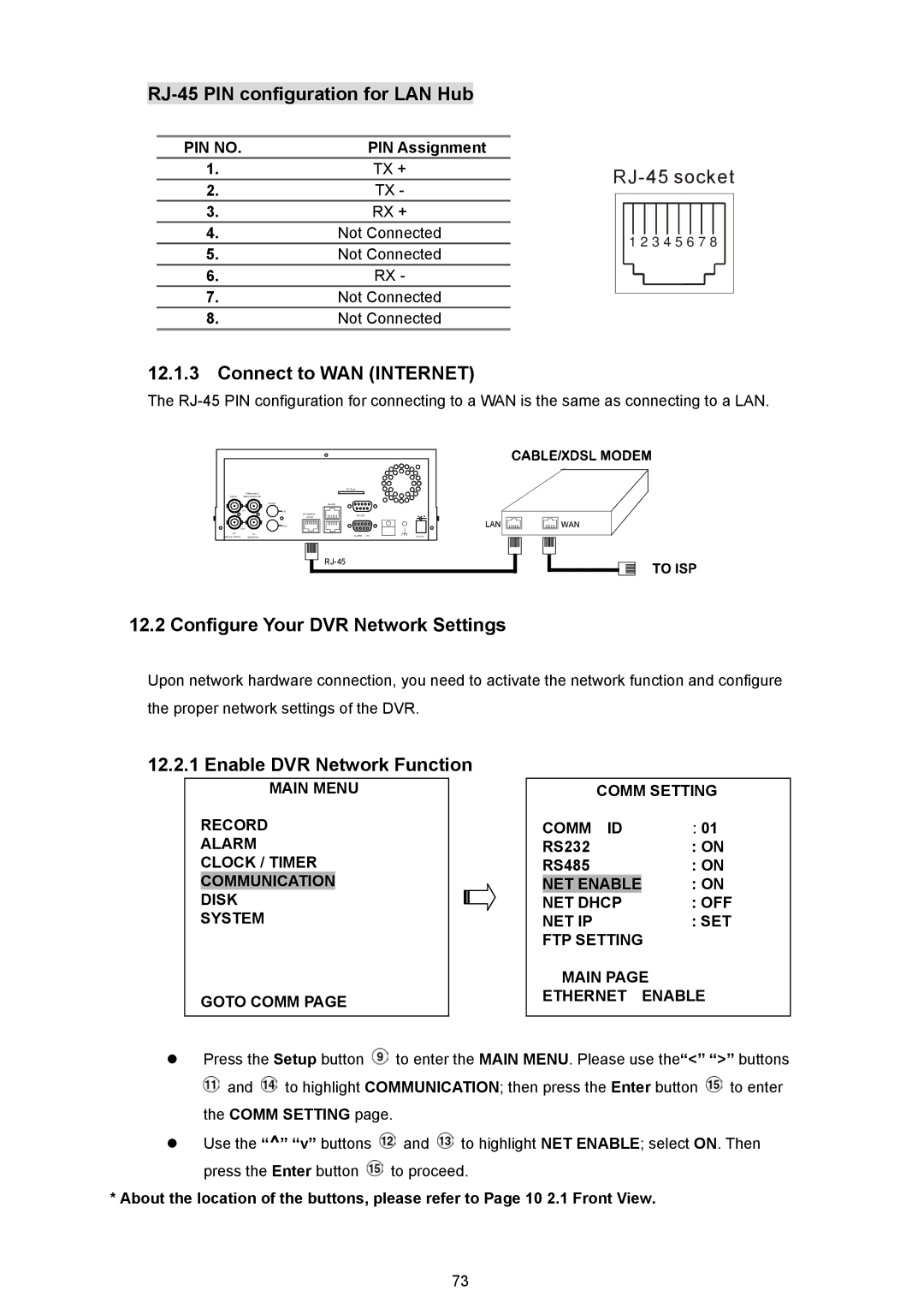 JVC VR 601 RJ-45 PIN configuration for LAN Hub, Connect to WAN Internet, Configure Your DVR Network Settings 