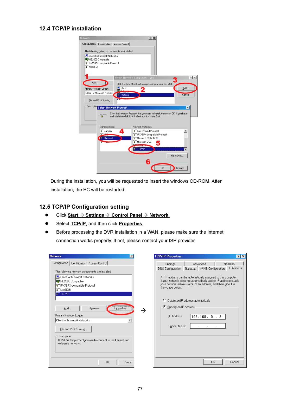 JVC VR 601 12.4 TCP/IP installation, 12.5 TCP/IP Configuration setting, Click Start Settings Control Panel Network 