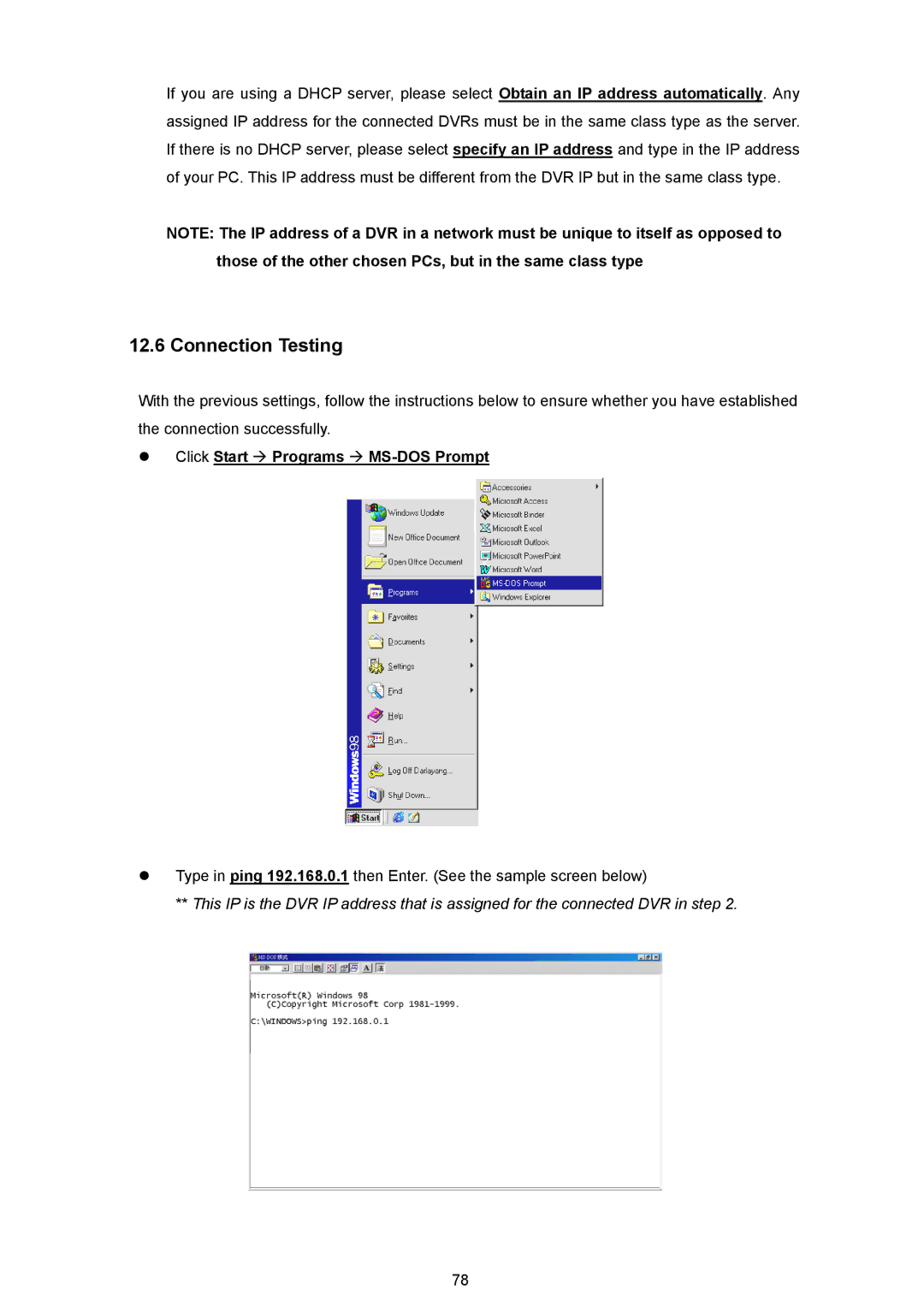 JVC VR 601 instruction manual Connection Testing, Click Start Programs MS-DOS Prompt 