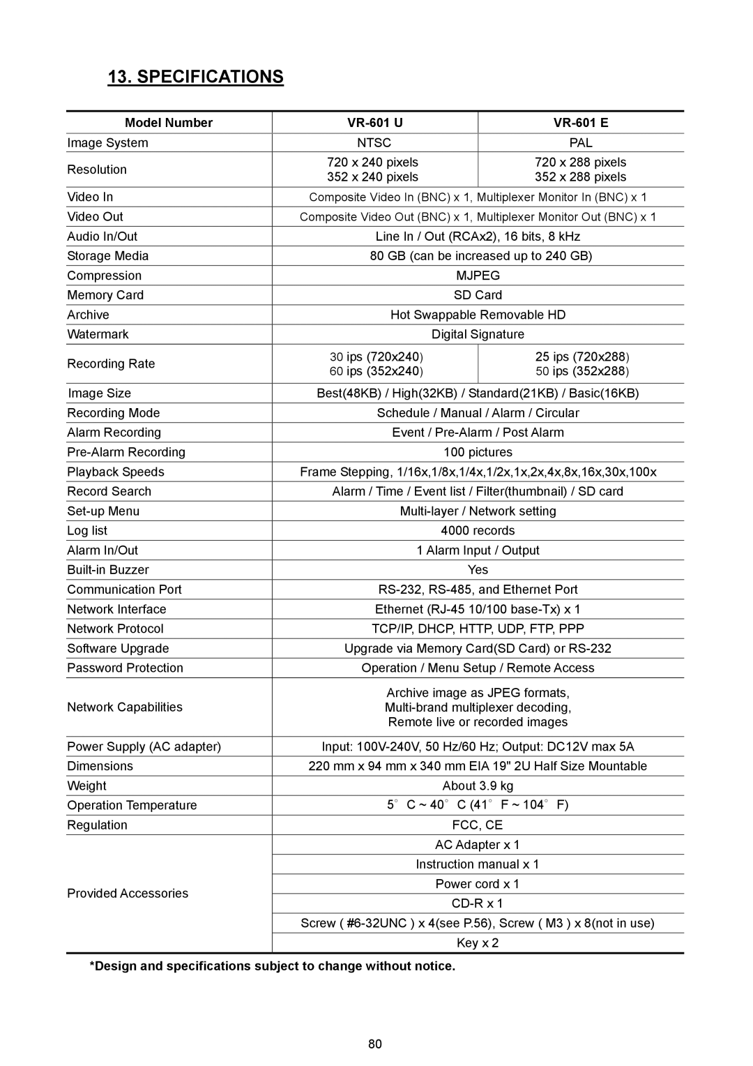 JVC VR 601 instruction manual Model Number VR-601 U VR-601 E, Design and specifications subject to change without notice 