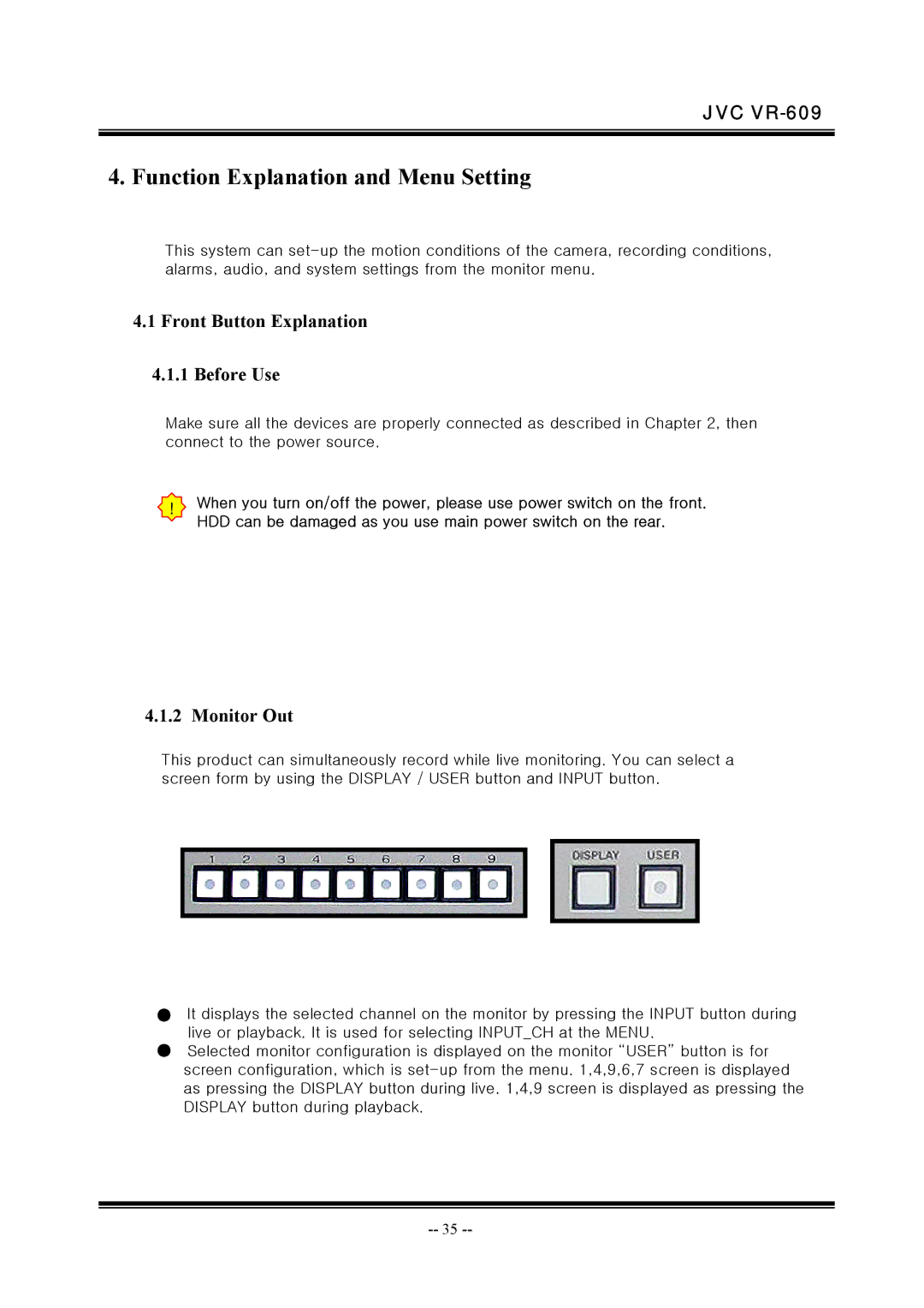 JVC VR-609 manual Front Button Explanation Before Use, Monitor Out 