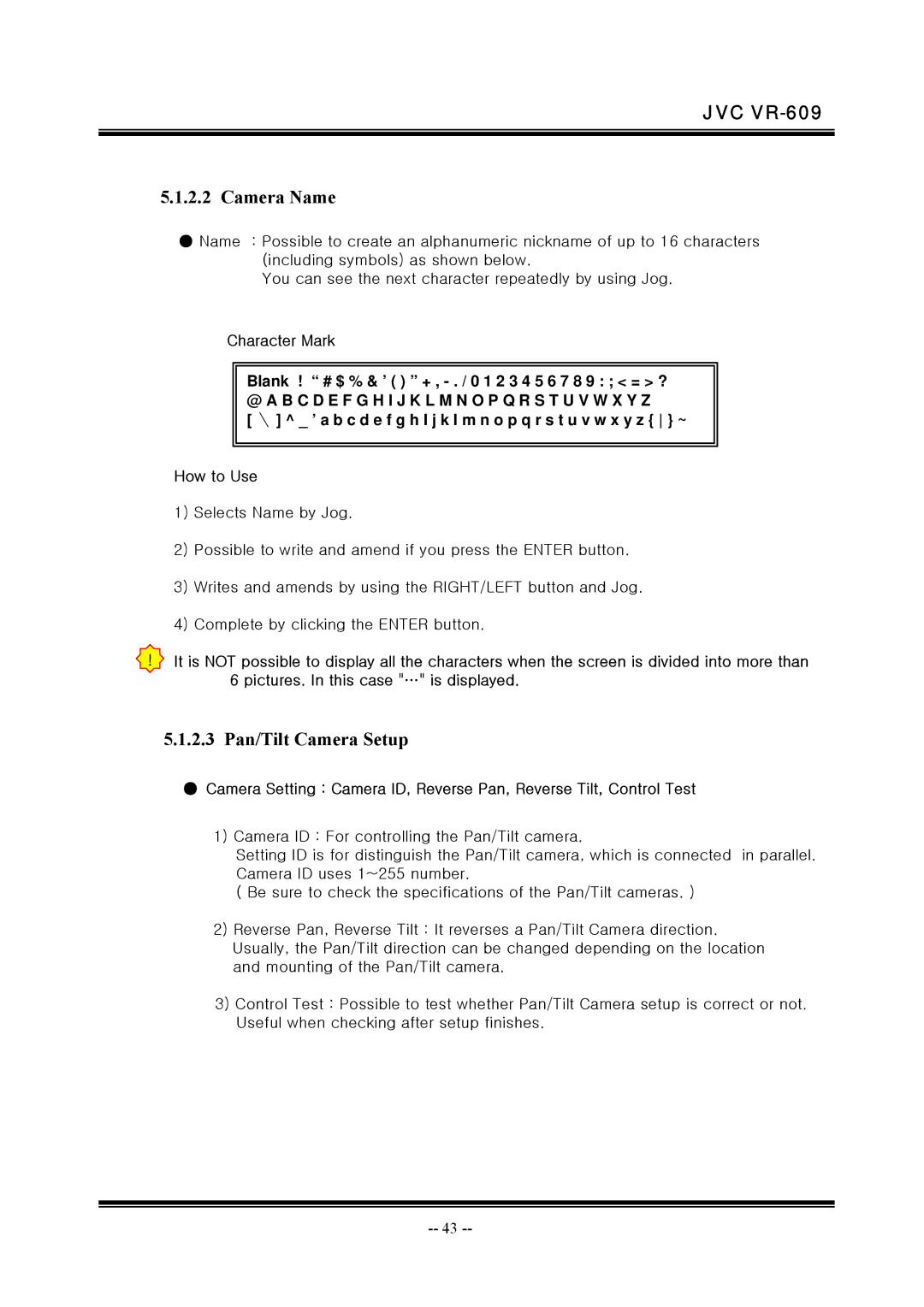 JVC VR-609 manual Camera Name, 2.3 Pan/Tilt Camera Setup 