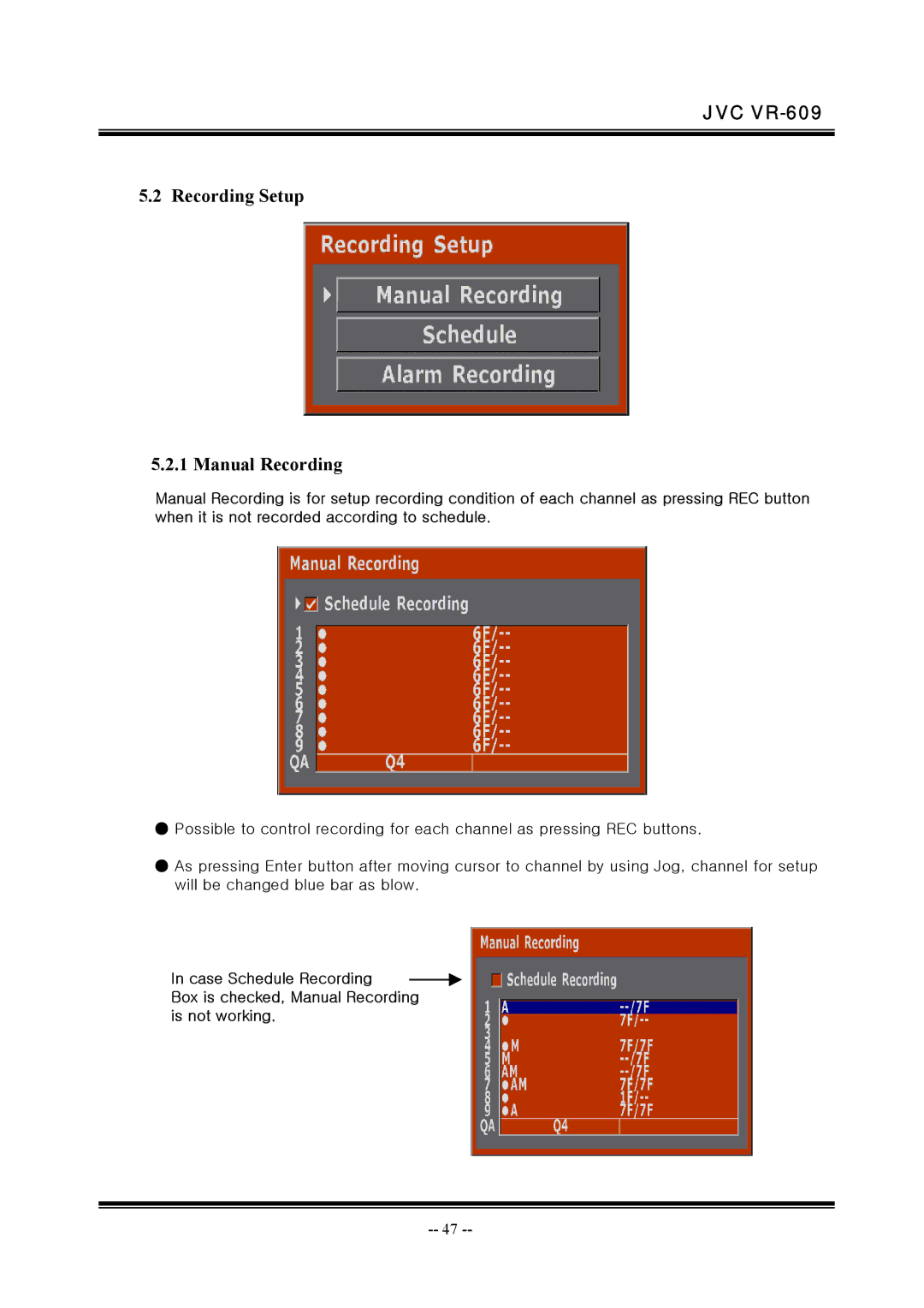 JVC VR-609 manual Recording Setup Manual Recording 