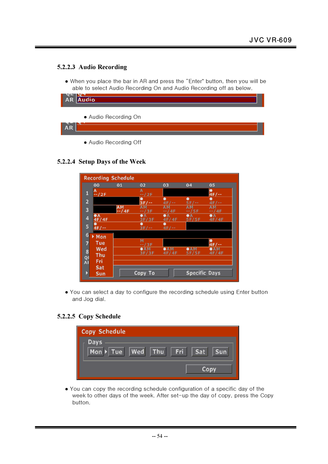 JVC VR-609 manual Audio Recording, Setup Days of the Week, Copy Schedule 