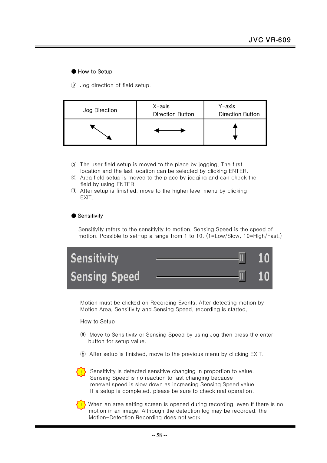 JVC VR-609 manual Jog Direction Axis Direction Button, Sensitivity 