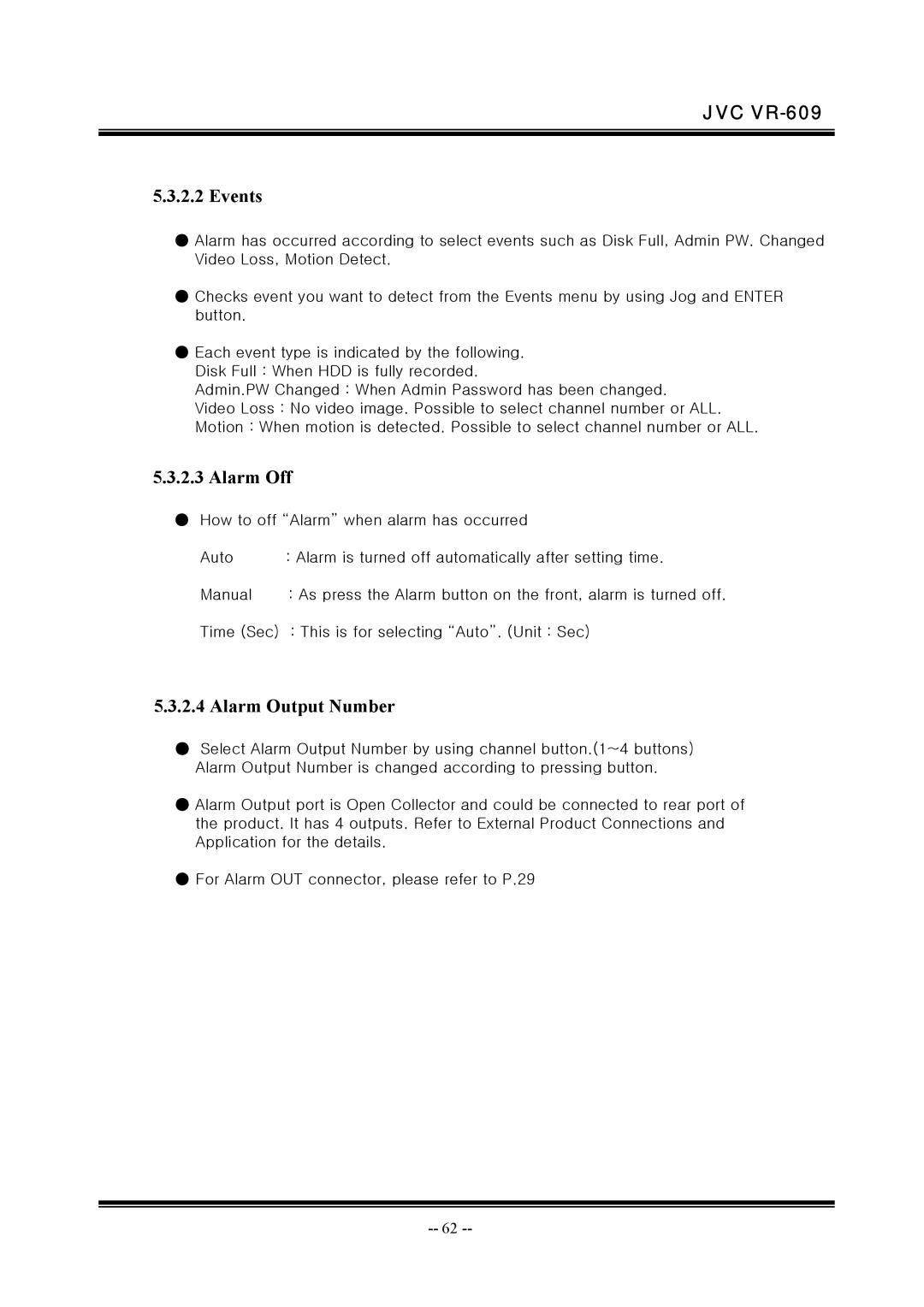 JVC VR-609 manual Events, Alarm Off, Alarm Output Number 