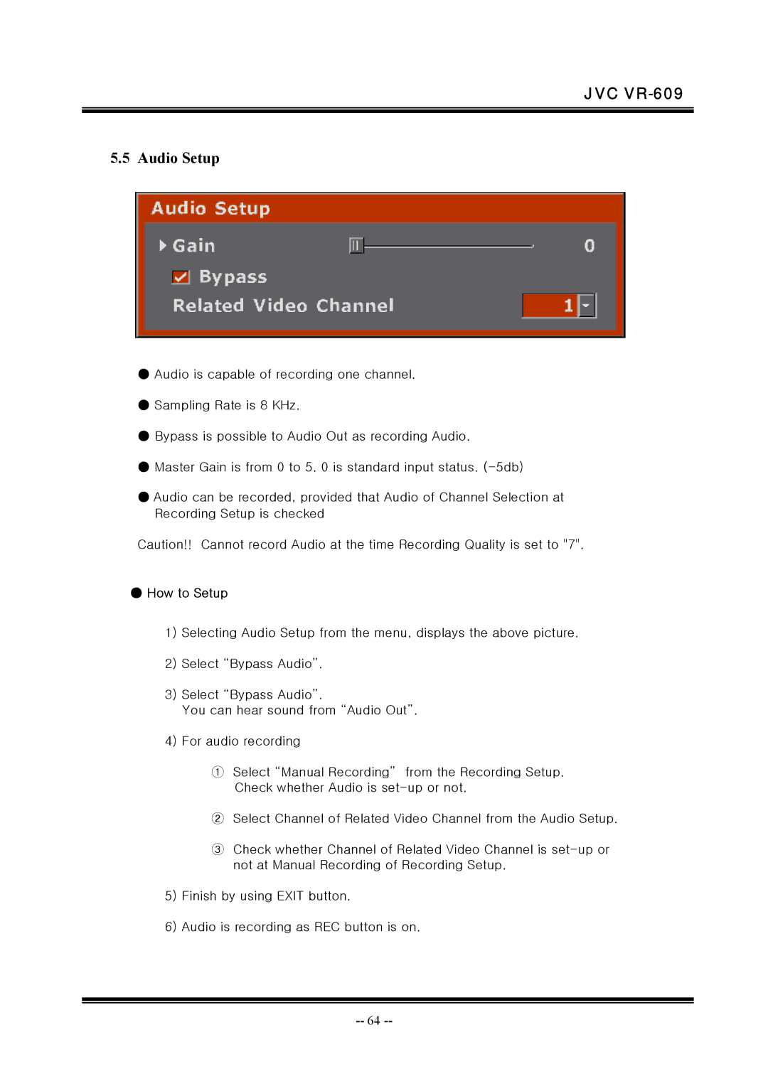 JVC VR-609 manual Audio Setup 