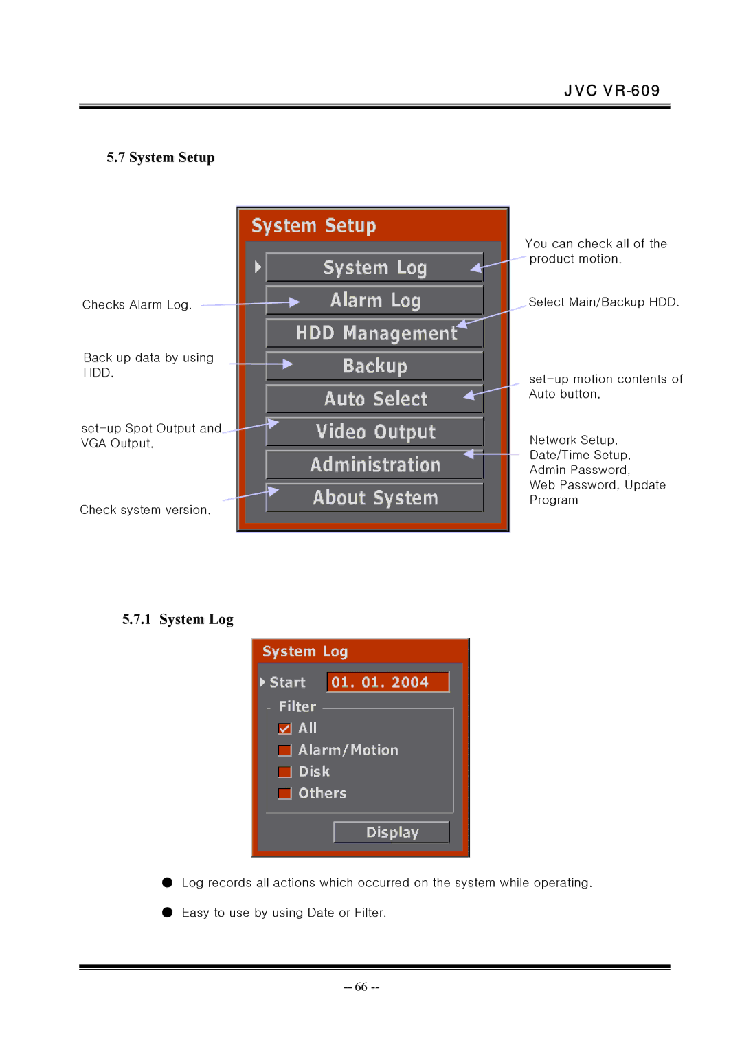 JVC VR-609 manual System Setup, System Log 