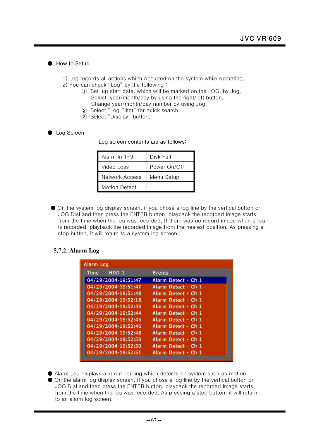 JVC VR-609 manual Alarm Log, Log Screen Log screen contents are as follows 