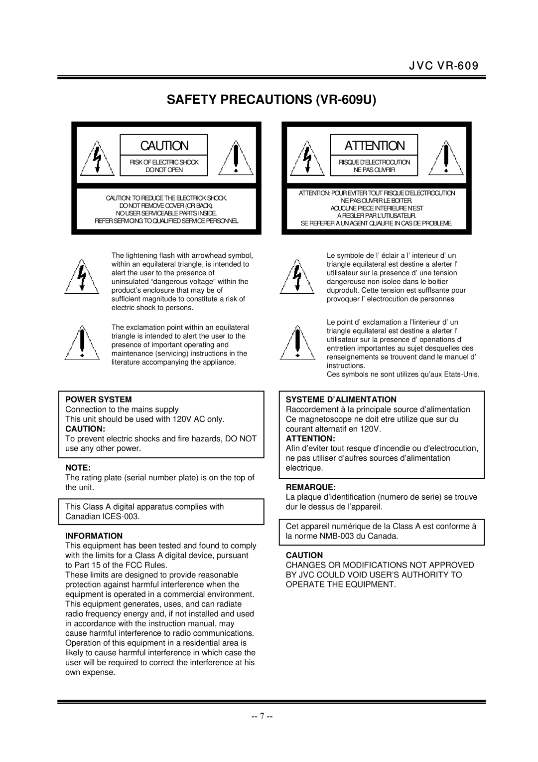 JVC manual Safety Precautions VR-609U, Power System 