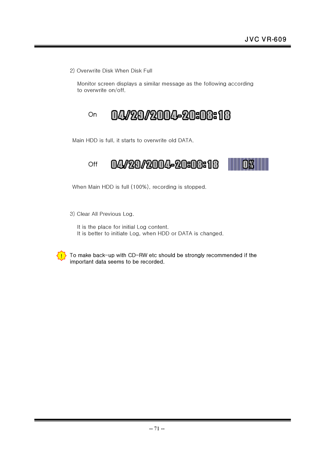 JVC VR-609 manual Off 