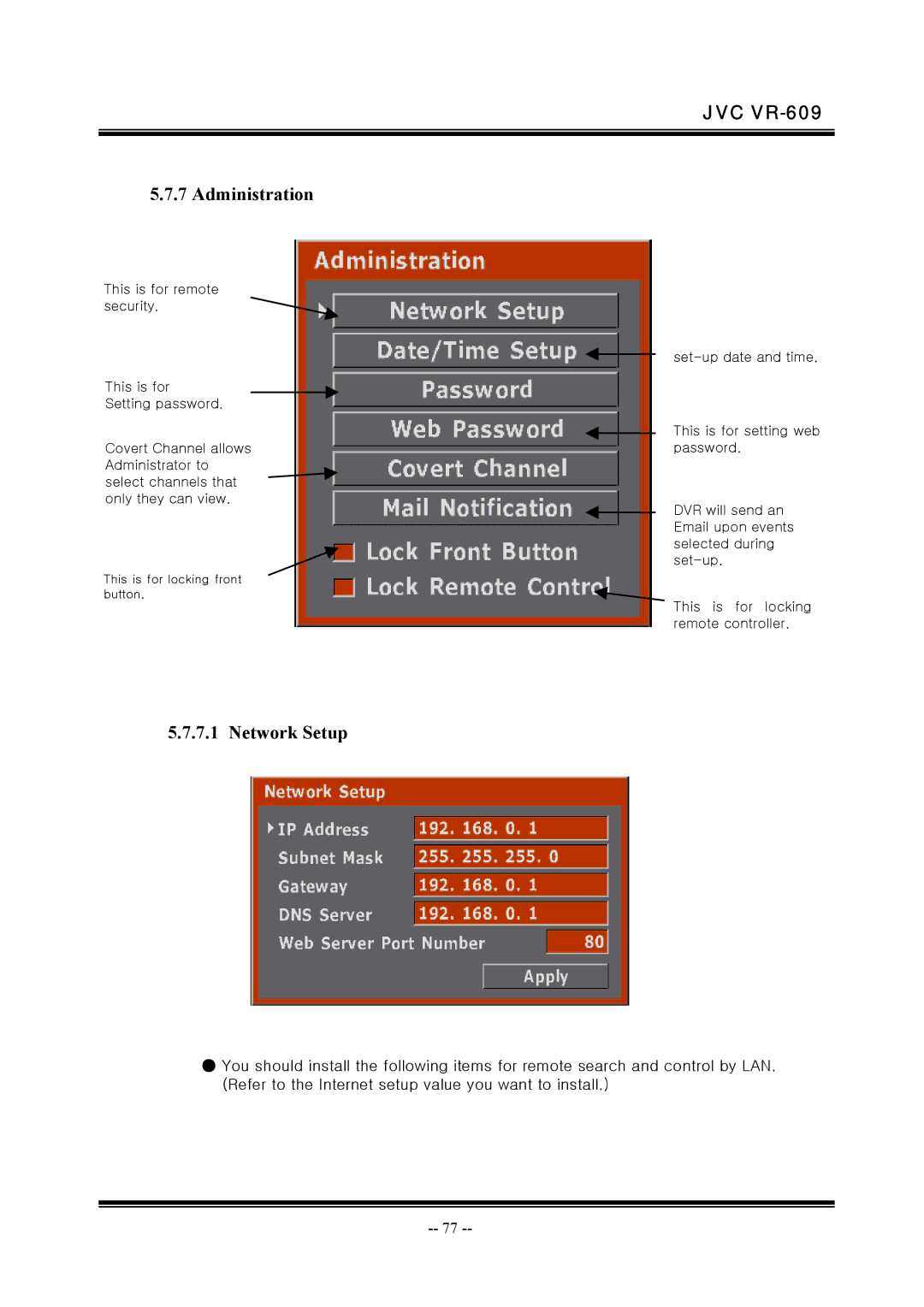 JVC VR-609 manual Administration, Network Setup 