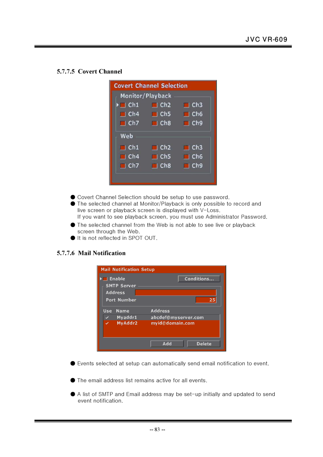 JVC VR-609 manual Covert Channel, Mail Notification 