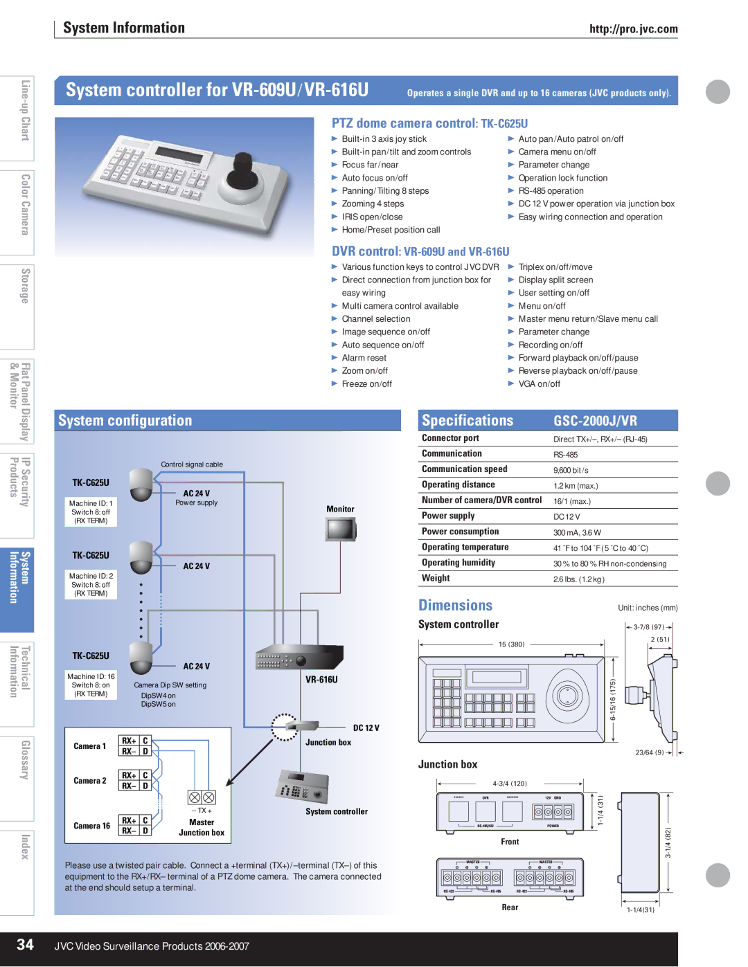 JVC manual System controller for VR-609U /VR-616U, Specifications, Dimensions, GSC-2000J/VR 