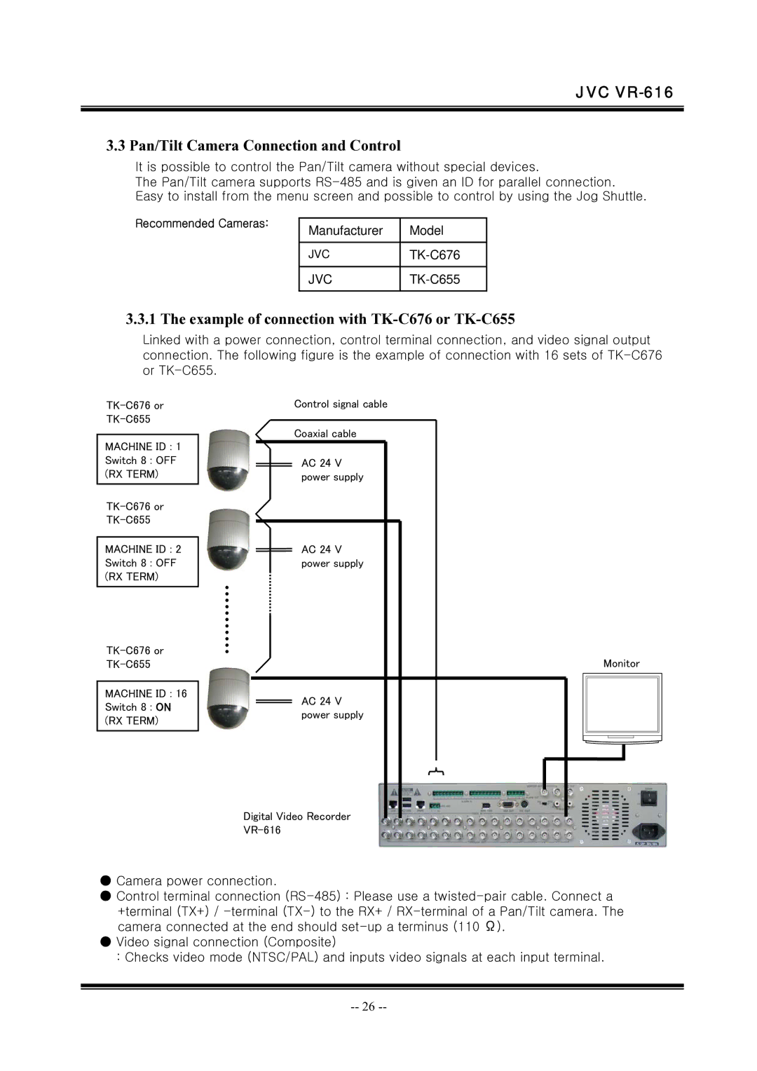 JVC VR-616 manual Pan/Tilt Camera Connection and Control, Example of connection with TK-C676 or TK-C655 