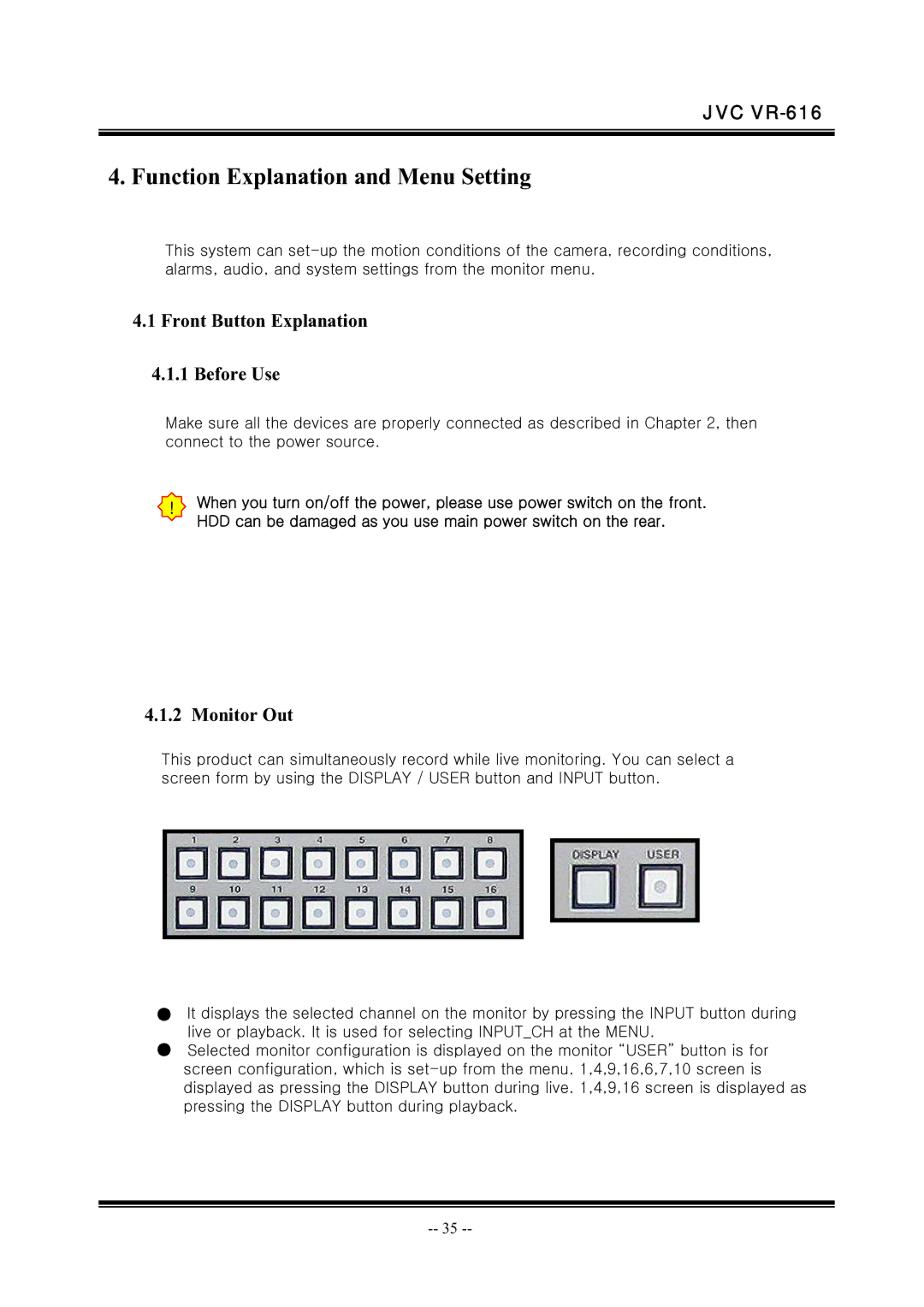 JVC VR-616 manual Front Button Explanation Before Use, Monitor Out 