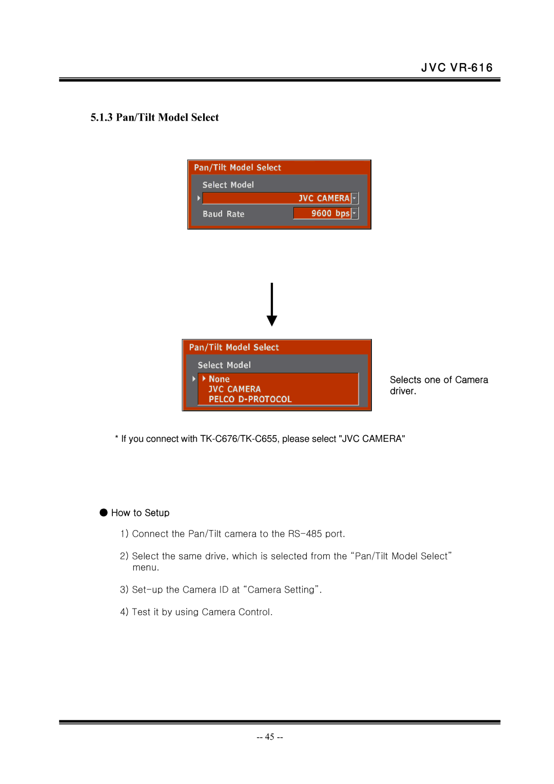 JVC VR-616 manual 3 Pan/Tilt Model Select, Driver 