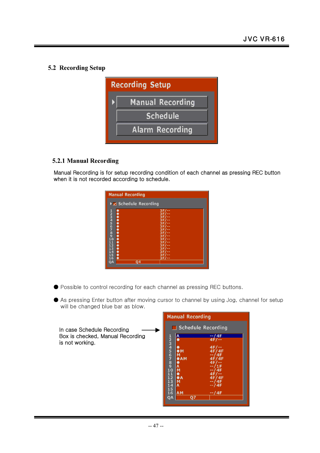 JVC VR-616 manual Recording Setup Manual Recording 