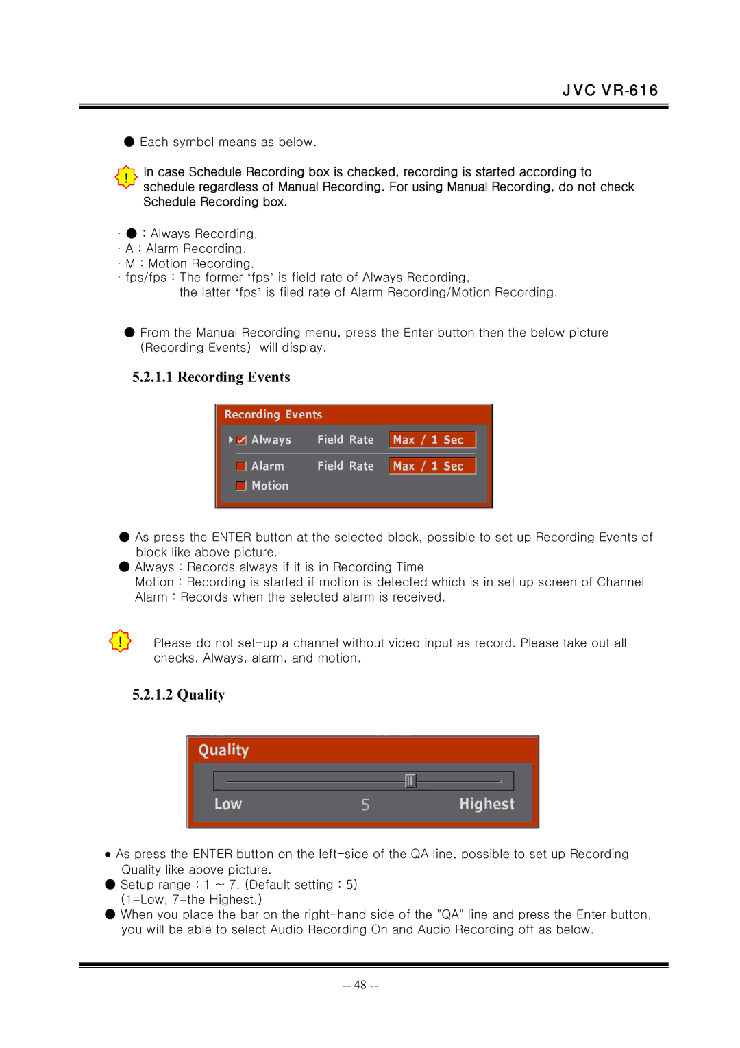 JVC VR-616 manual Recording Events, Quality 