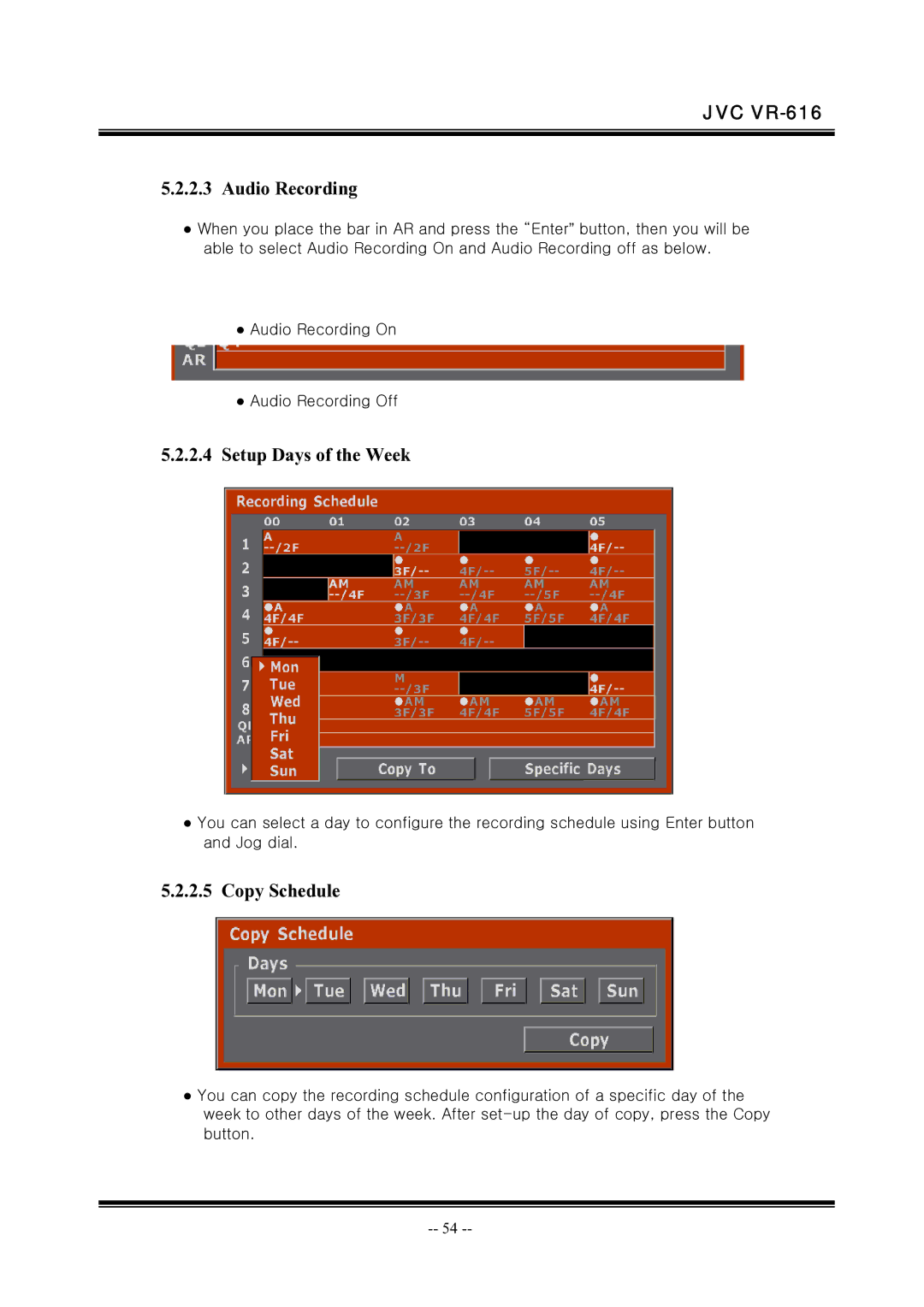 JVC VR-616 manual Audio Recording, Setup Days of the Week, Copy Schedule 