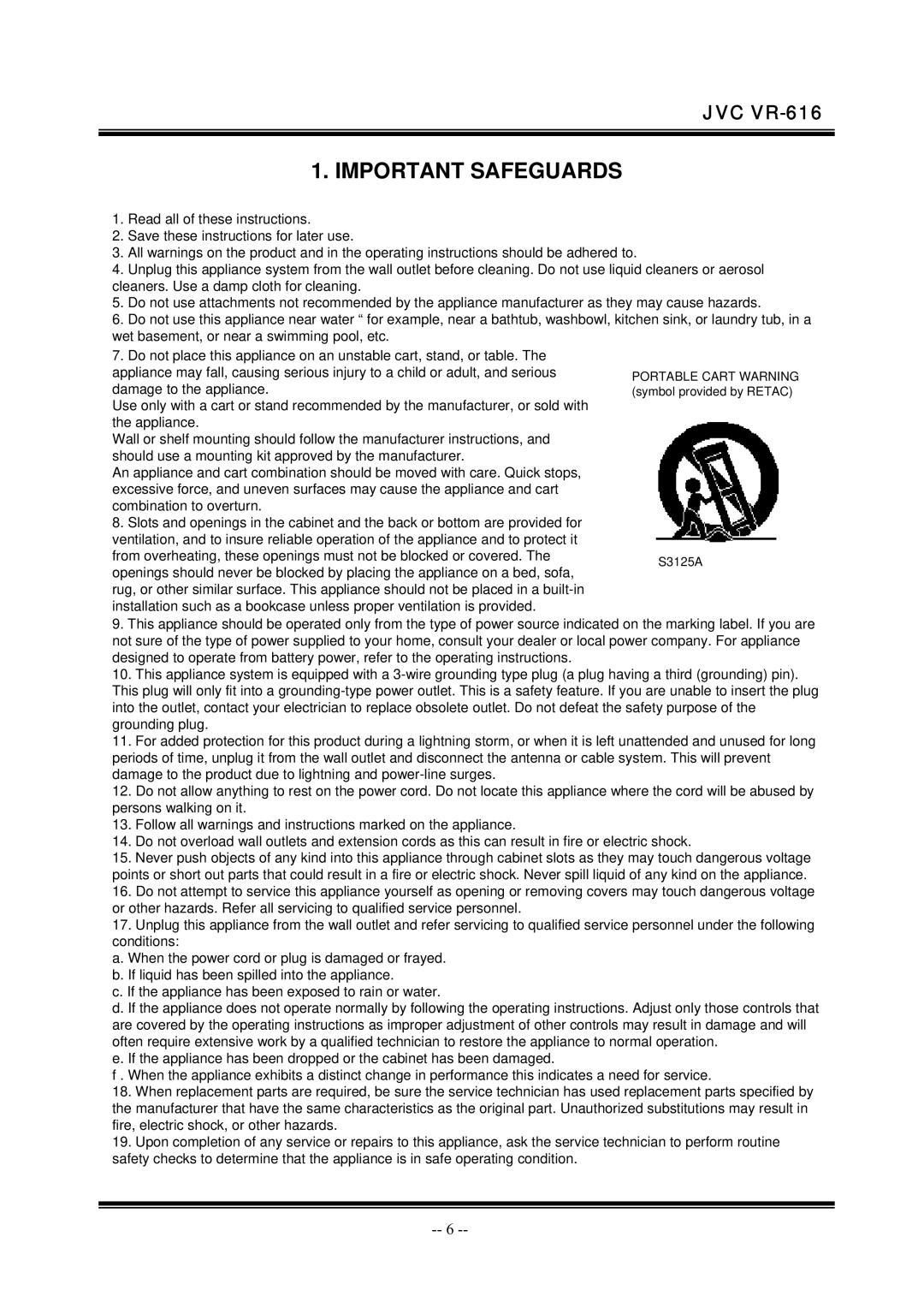 JVC VR-616 manual Important Safeguards 