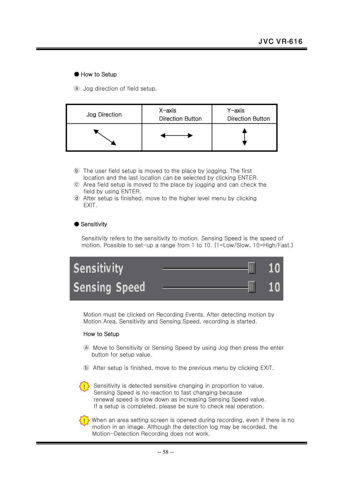 JVC VR-616 manual Jog Direction Axis Direction Button, Sensitivity 