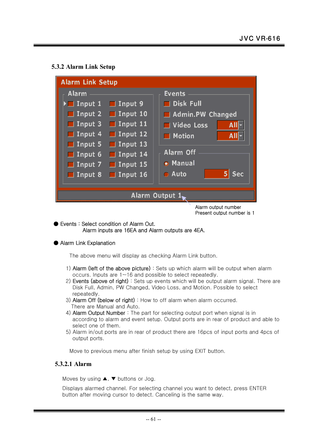 JVC VR-616 manual Alarm Link Setup 