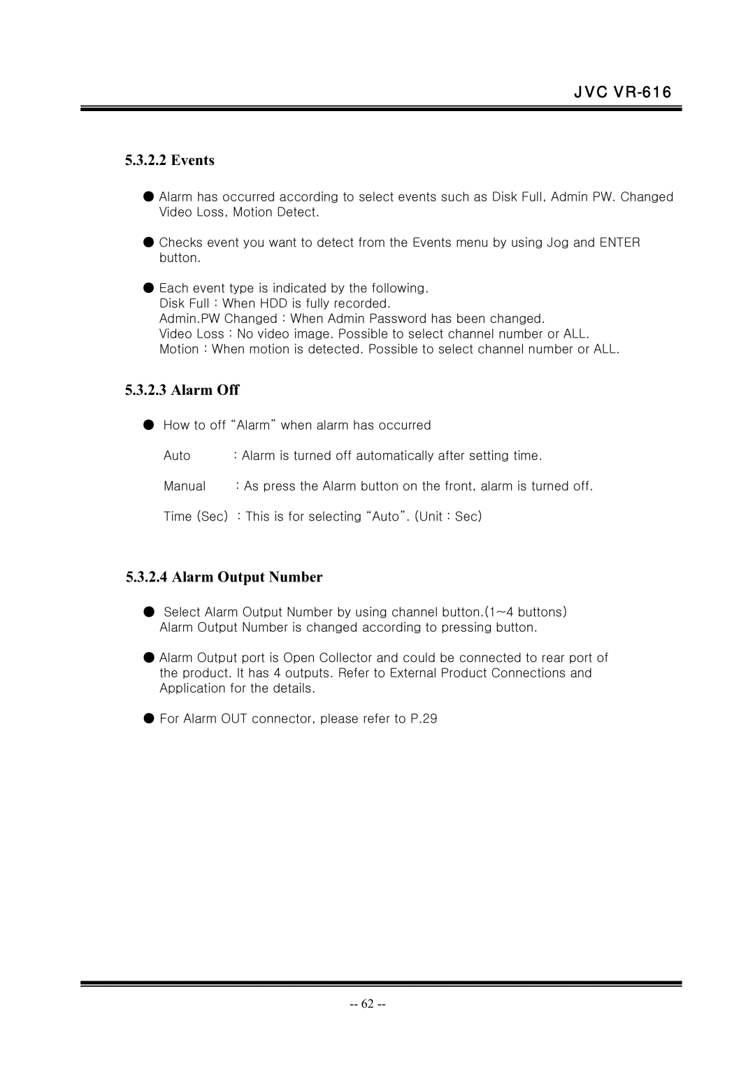 JVC VR-616 manual Events, Alarm Off, Alarm Output Number 