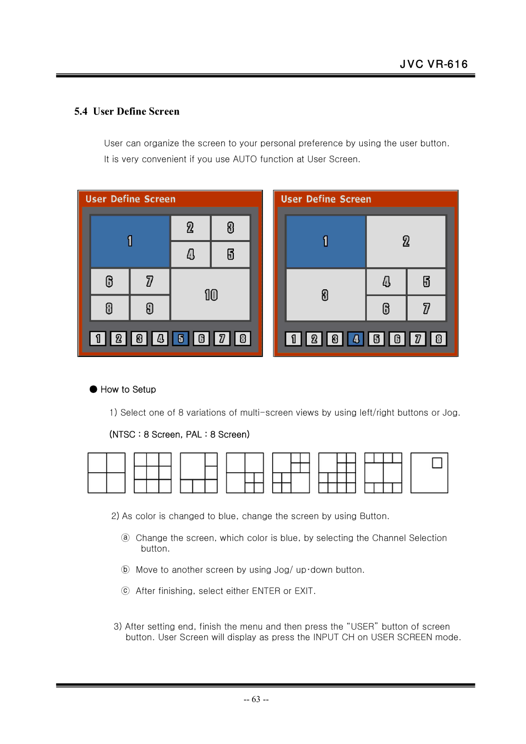 JVC VR-616 manual User Define Screen, Ntsc 8 Screen, PAL 8 Screen 