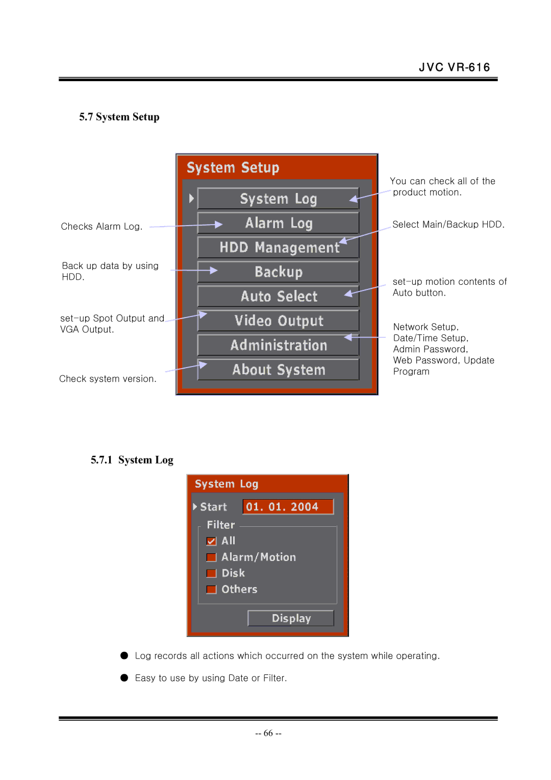 JVC VR-616 manual System Setup, System Log 