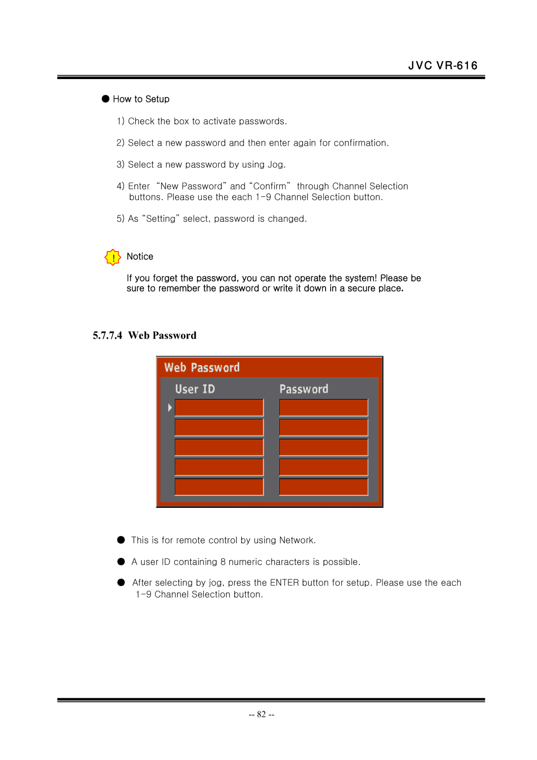 JVC VR-616 manual Web Password, How to Setup 