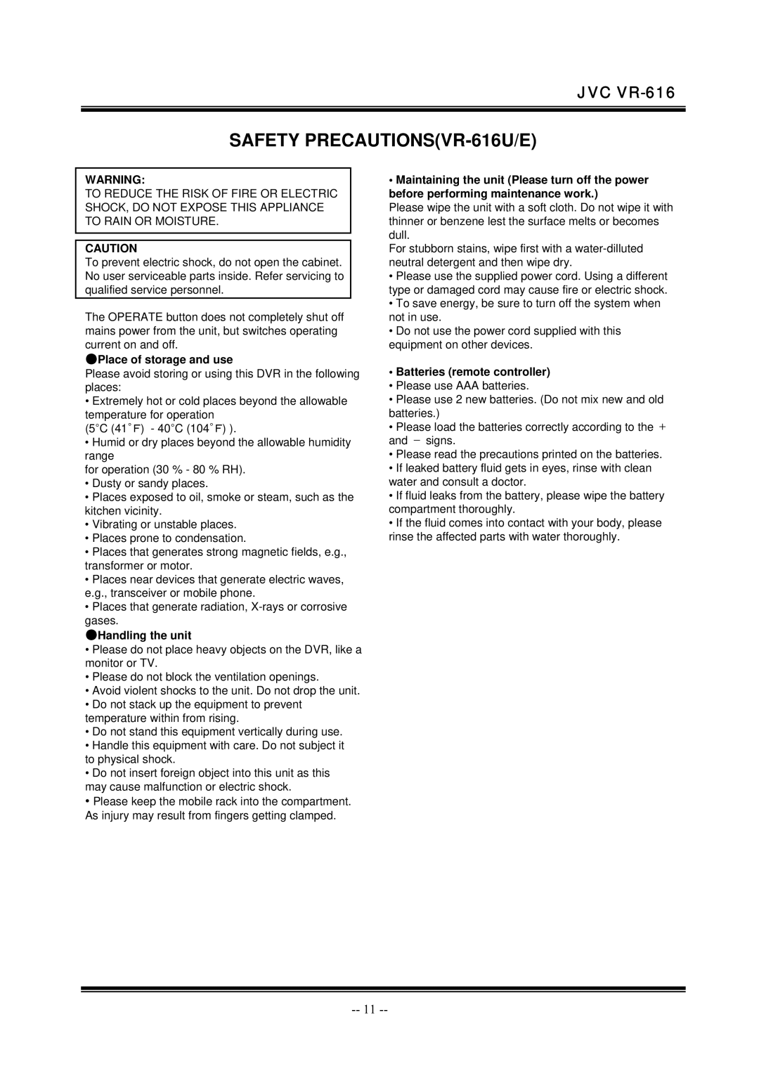 JVC manual Safety PRECAUTIONSVR-616U/E 