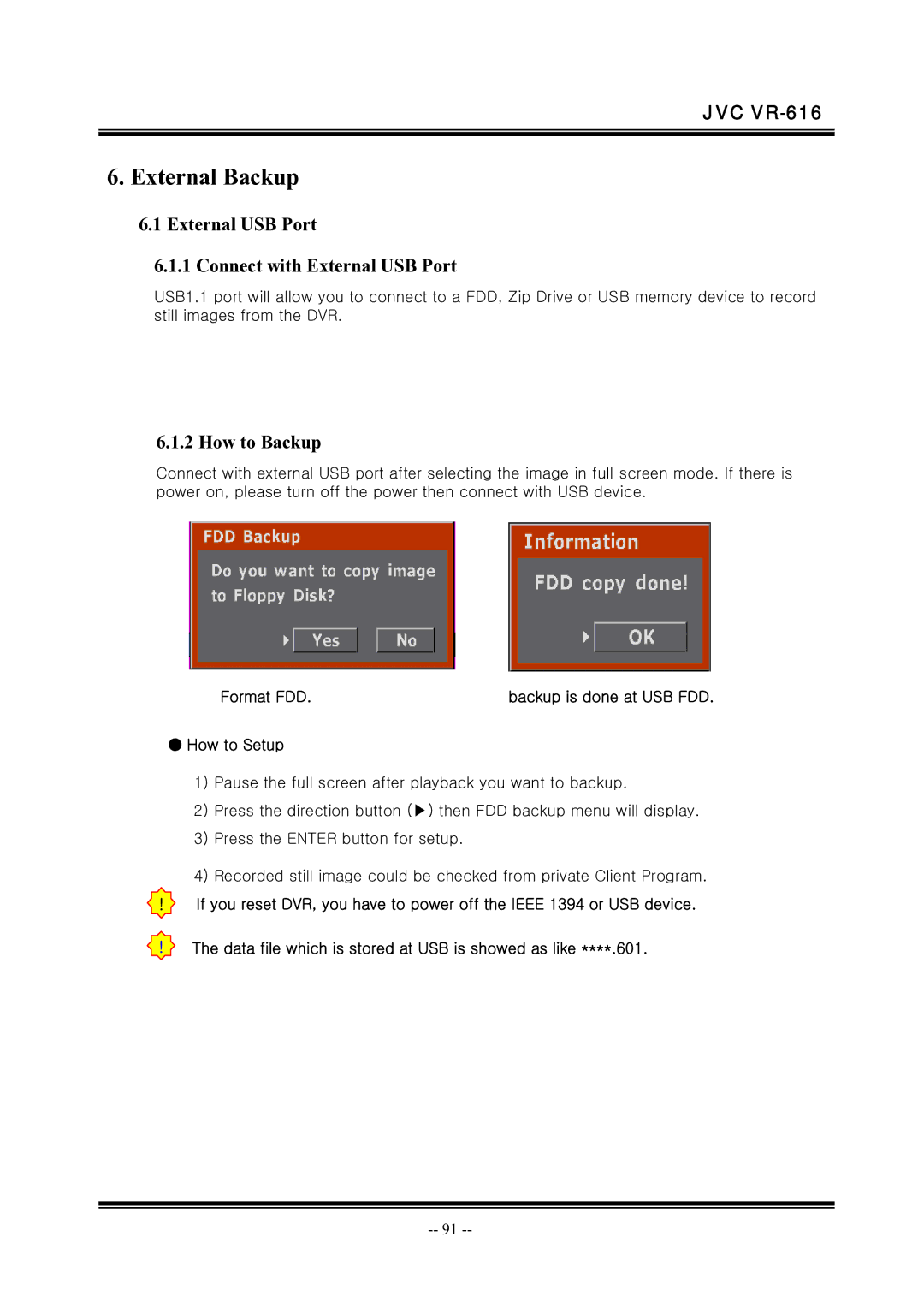 JVC VR-616 manual External USB Port Connect with External USB Port, How to Backup 