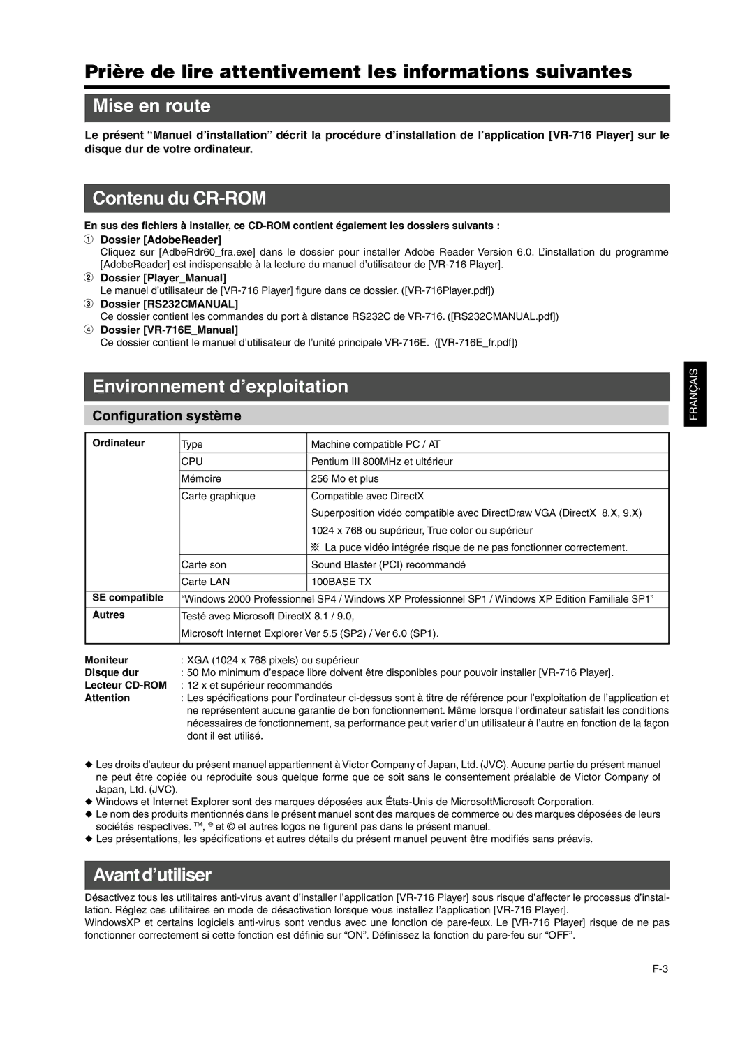 JVC VR-716 Mise en route, Contenu du CR-ROM, Environnement d’exploitation, Avant d’utiliser, Configuration système 