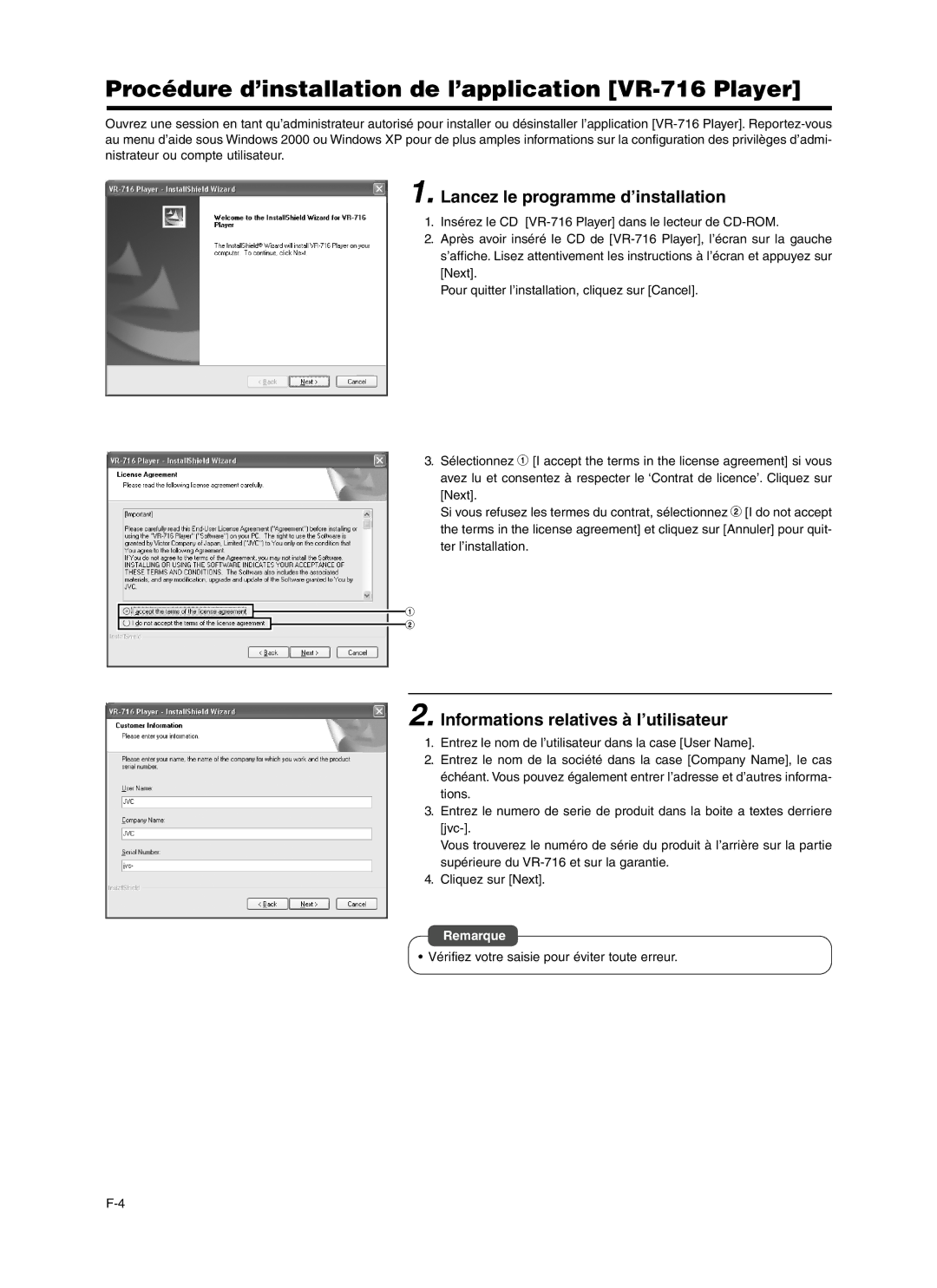 JVC install manual Procédure d’installation de l’application VR-716 Player, Lancez le programme d’installation 