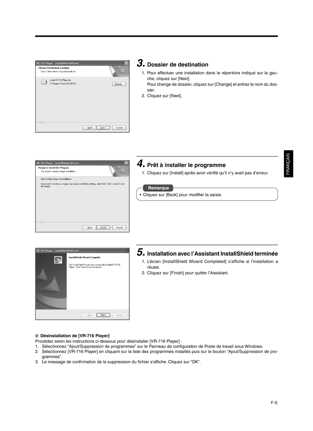 JVC VR-716 Dossier de destination, Prêt à installer le programme, Installation avec l’Assistant InstallShield terminée 