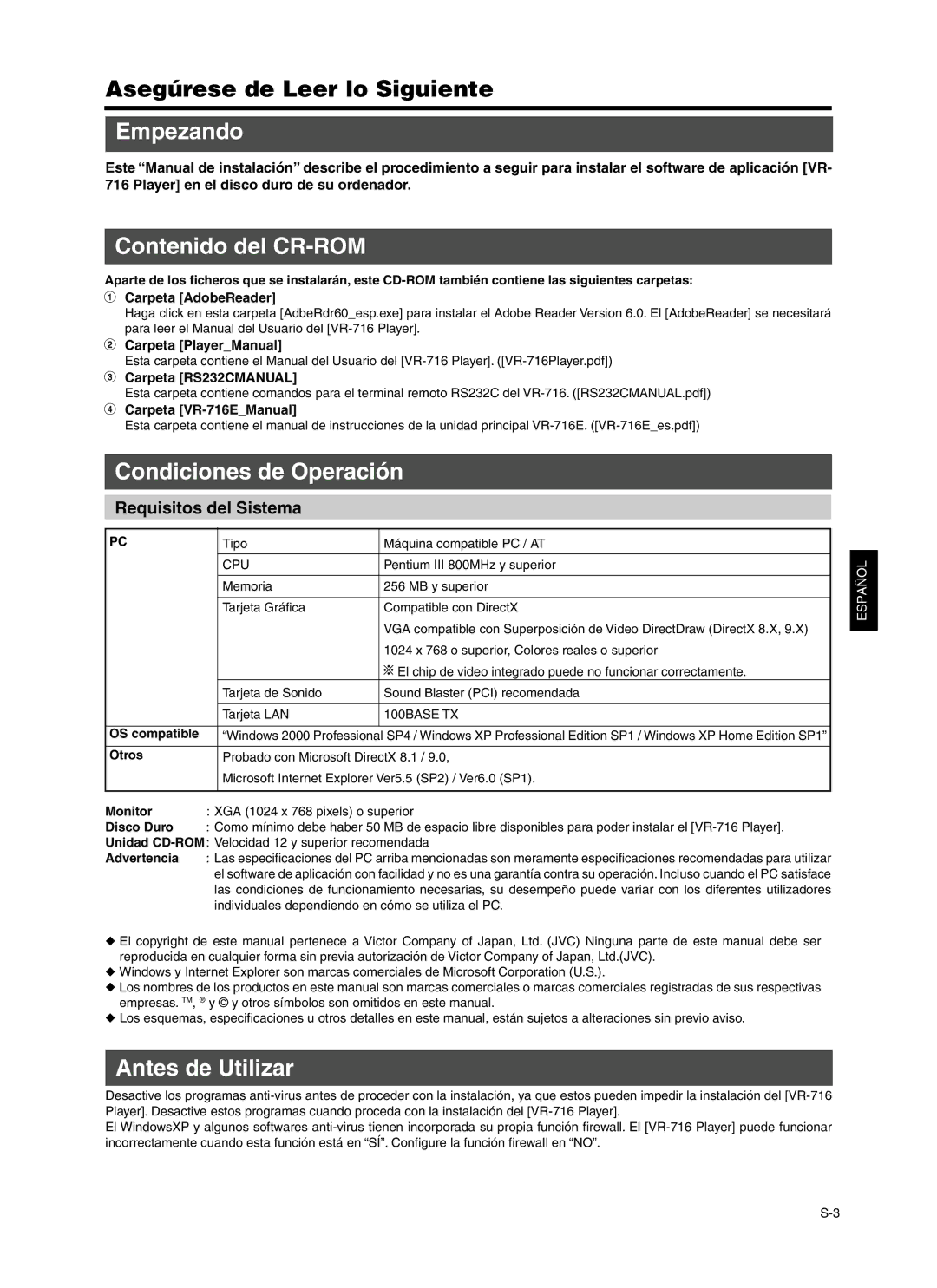 JVC VR-716 Empezando, Contenido del CR-ROM, Condiciones de Operación, Antes de Utilizar, Requisitos del Sistema 