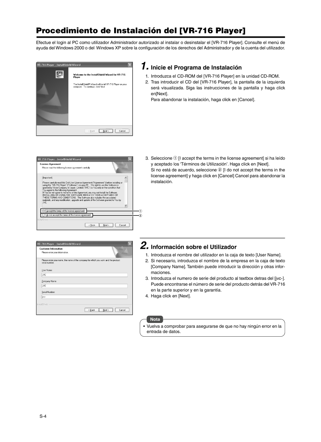 JVC Procedimiento de Instalación del VR-716 Player, Inicie el Programa de Instalación, Información sobre el Utilizador 