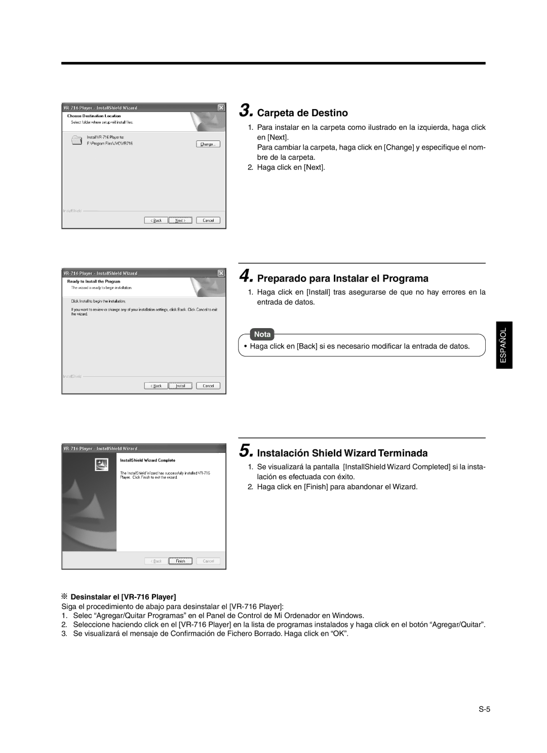 JVC VR-716 install manual Carpeta de Destino, Preparado para Instalar el Programa, Instalación Shield Wizard Terminada 